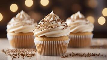 Delicious cupcakes with creamy frosting and sprinkles. photo