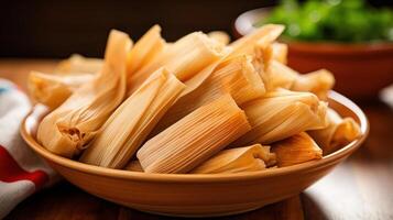 Delicious corn tamales served in a rustic bowl. photo