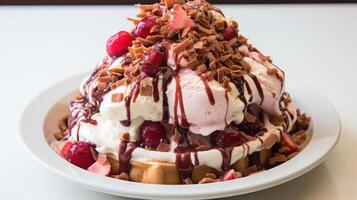 Stacked waffle dessert with cream, strawberries, chocolate, and cherry toppings. photo