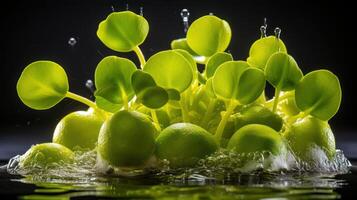 Vibrant water lily blooms burst with a splash of water. photo