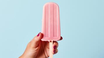 Hand holding a pink popsicle on a blue background. photo