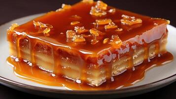 Delicious caramel pecan pie slice on a plate. photo