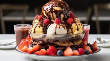 Decadent ice cream sundae with fruit and waffle cone. photo