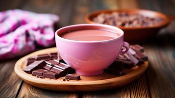 Pink cup of cocoa with chocolate pieces on wooden tray. photo