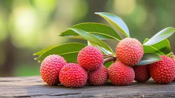 Fresh lychee fruits with green leaves on a wooden surface. photo