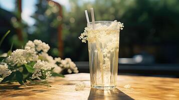 Refreshing elderflower drink with flowers, summer beverage, natural refreshment. photo