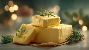 Stacked butter with herbs, warm lighting, festive feel. photo