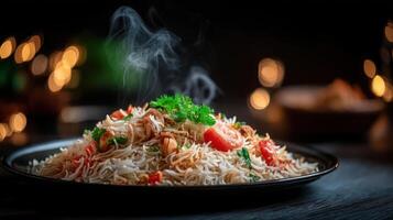 Steaming rice dish with tomatoes and herbs on a plate. photo
