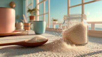 Flour spilling from a jar, rustic kitchen scene. photo