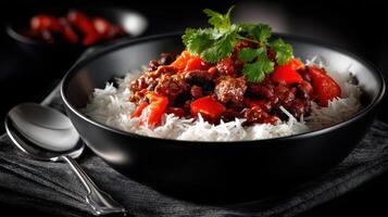 Spicy rice bowl with meat and peppers, garnished with herbs. photo