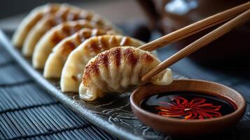 Delicious dumplings served with dipping sauce, ready to eat. photo