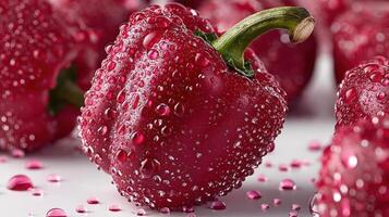 Close-up of a vibrant red pepper with water droplets. photo