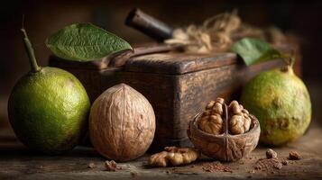 Walnuts and fruit still life with antique nutcracker. photo