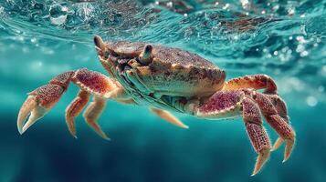 Underwater crab portrait, showcasing its claws and texture. photo