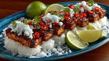 Glazed ribs with lime, coconut, and chili on rice. photo