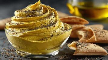Mustard swirl in a glass bowl with sesame crackers. photo