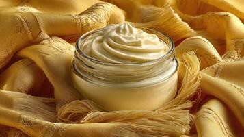 Jar of creamy dessert, golden fabric background. photo