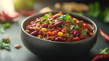 Hearty chili in a rustic bowl, garnished with fresh herbs. photo