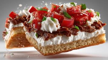 Delicious bruschetta with tomato, herbs, and creamy spread. photo