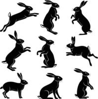 Rabbit silhouette bundle set A collection of 9 black rabbit silhouettes in various poses, including jumping, standing, sitting, and digital use vector
