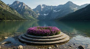 A flower bed in a lake surrounded by mountains photo