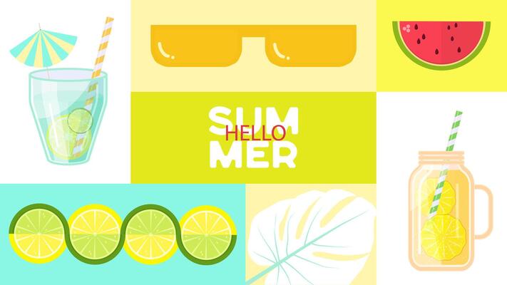 Hello summer colorful banner design. Horizontal poster, greeting card, label or flyer. Modern abstract design with fruits and juices