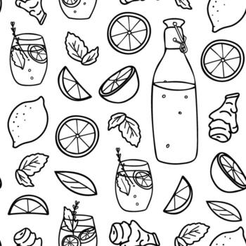 limonada sin costura modelo con vaso botella con porcelana gorra, limón, menta y jengibre raíz. mano dibujado tinta ilustración en garabatear estilo. para papel, menú, tela huellas dactilares. vector