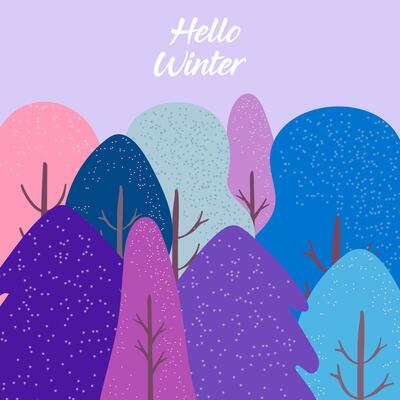Winter greeting on purple background with abstract colorful trees with falling snow. Seasonal horizontal banner design for holiday greeting card.