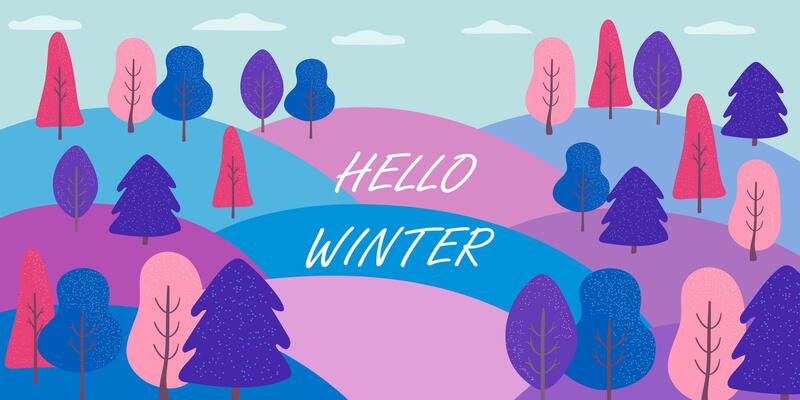 Winter landscape, banner or postcard background on abstract colorful winter hills with stylized trees. Seasonal graphic design for web banner.