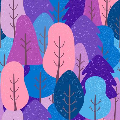 Seamless pattern of colorful trees with winter snowfall effect. Abstract forest background for textile design and cute winter wallpaper.