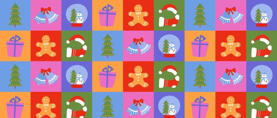 Seamless pattern of Christmas icons with tree, bell, gift, gingerbread man, glove, hat. Winter design for celebration.