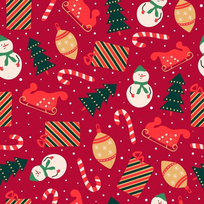 Christmas seamless pattern on red background with decorative elements, gift box, snowman, lollipop for festive occasion.
