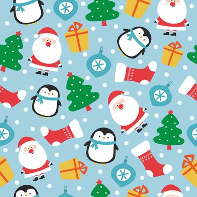 Christmas seamless pattern with Santa Claus, penguin, Christmas tree, gift box, stocking and ornament.