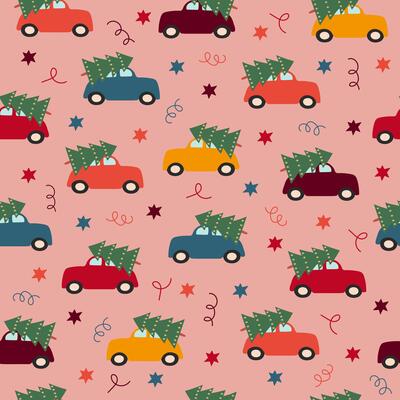 Cars with Christmas trees and abstract figures, seamless pattern for greeting cards and gift wrap.