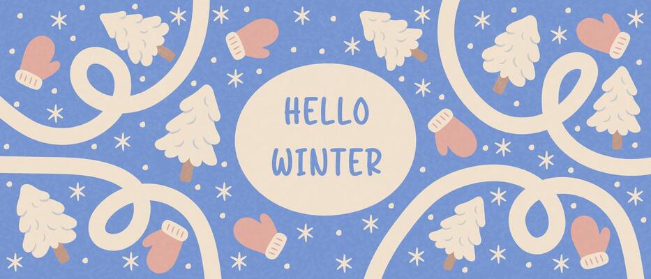 Winter abstract background with snowflakes, mittens and snow-covered trees. Seasonal greeting card or banner for celebration and sales.