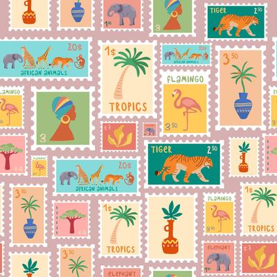 Seamless pattern of postage stamps with tropical plants and animals. Retro style mailing sticker.
