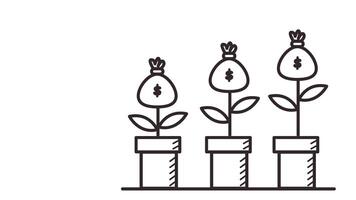 Animated lineart of a money bag-shaped plant growing from a pot, symbolizing financial growth and investment success. Ideal for finance intros, savings concepts, and wealth-building content. video