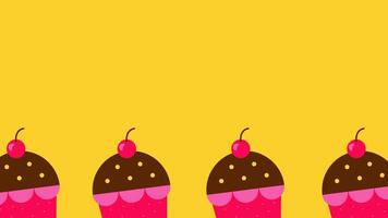 Looping animation of pink and chocolate muffins lined up at the bottom with soft yellow background and copyspace. Perfect for birthday greetings, kids party visuals, and sweet celebration themes. video