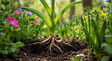 A plant with its roots in the ground photo