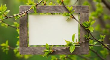 A blank white paper frame hanging on a tree branch photo