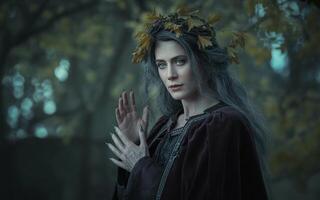 A woman in a dark forest with a wreath on her head photo