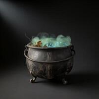 A cauldron with green smoke and leaves in it photo