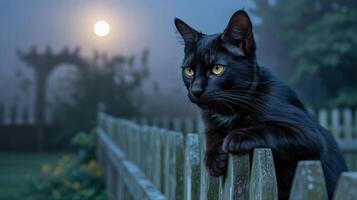 Black cat on fence at night with moon in background photo