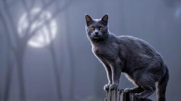 A gray cat is standing on a fence in front of a full moon photo