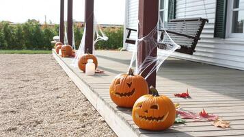 A row of pumpkins on a porch photo