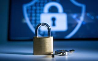 Security concept with padlock and key on desk photo