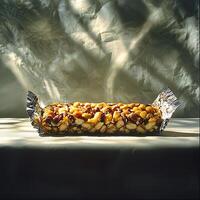 Delicious Nut and Caramel Bar in Foil Wrapper. A close-up shot of a gourmet snack bar, perfect for food blogs, packaging design, or advertising. photo