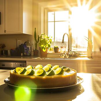 Sunlit Key Lime Pie on Kitchen Counter. A delicious key lime pie garnished with lime slices sits on a kitchen counter, bathed in the warm glow of sunlight streaming through a window. photo