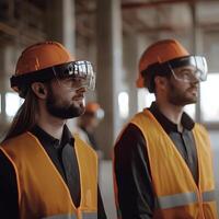 Construction Workers Using Augmented Reality Smart Glasses on a Building Site. Two male construction workers wearing safety helmets and high-visibility vests utilize advanced technology for improved efficiency and safety. photo
