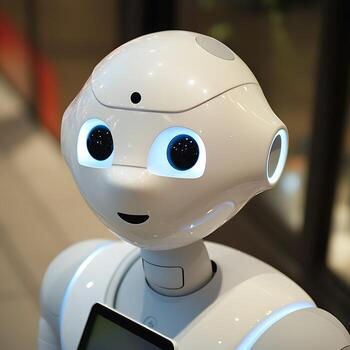 Close-up of a Friendly-Looking White Robot. A detailed image showcasing the design and features of a modern humanoid robot. photo